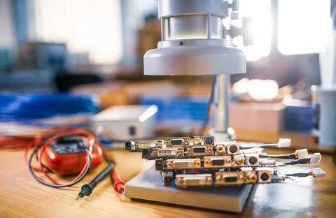 Modern microscope, electronic components in a scientific laboratory Foto stock