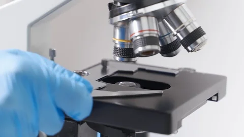 A modern microscope in a sterile, bright laboratory room analyzing cell samples Video stock 124457394
