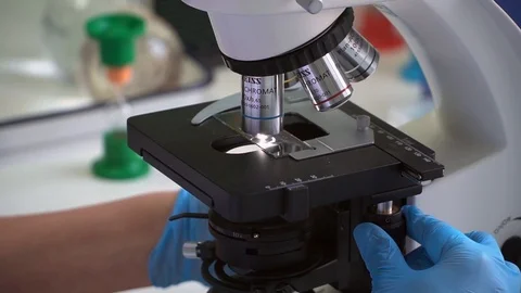 A modern microscope in a sterile, laboratory room. Doctor analyzing cell samples Stock Footage 119768093