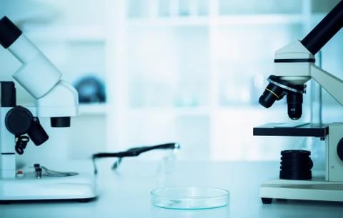 Modern microscopes in a lab . Stock Photos