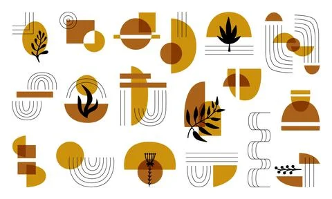 Modern mid century elements, vintage minimal geometric design with wave, plants Illustrazione stock