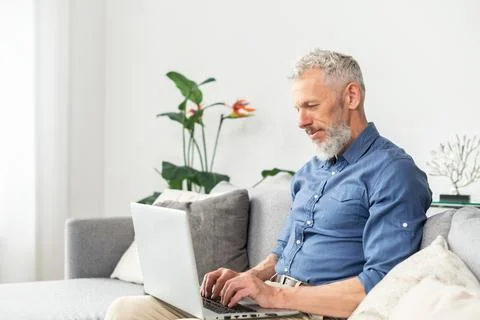 Modern middle-aged bearded man using laptop computer sitting on the couch at Stock Photos