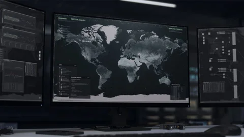 Modern military software examining the location signal elements on a global map Stock Footage 280941715