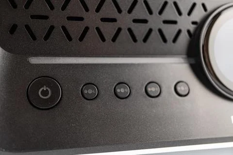 Modern mini guitar amplifier with a rectangular shape, central knob, smalle.. Foto stock