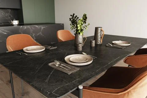 Modern minimal dining room with marble stone table and chairs in red tones Ilustración de archivo