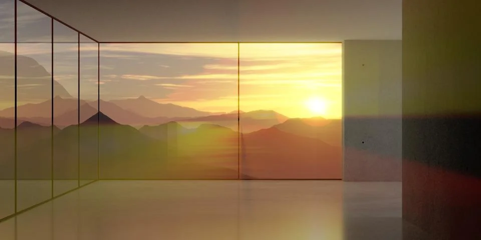 Modern, minimal empty room with large windows and sunset over mountains backg Stock Illustration