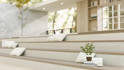 A modern, minimal spacious library or building hall with large stairs for r.. Ilustración de archivo