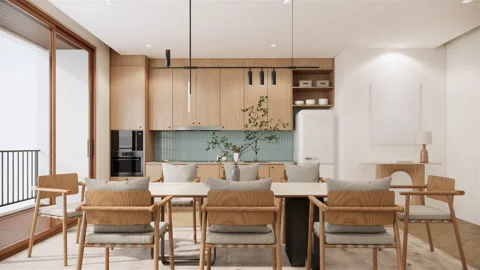 Modern minimal style dining room interior design. apartment in Japandi style. Stock Footage 241289751