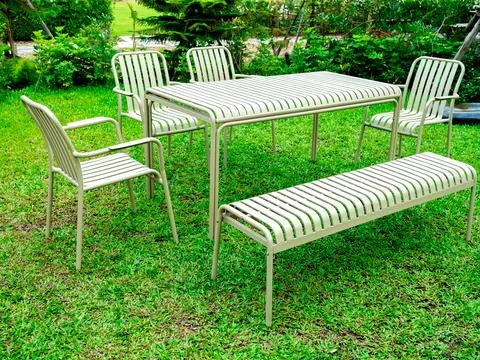 Modern minimal table set, table, bench and armchair seat, stripes pattern, .. Stock Photos