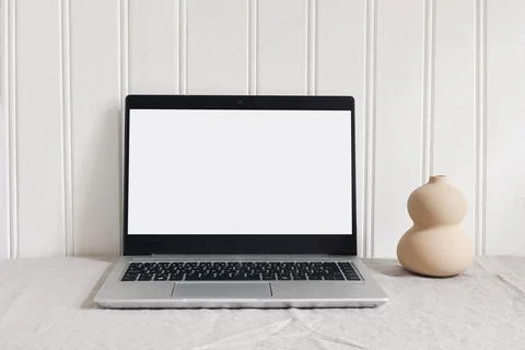 Modern minimal workspace composition. Notebook mock-up scene. Organic shaped Fotos Stock