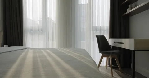 Modern minimalist bedroom interior design with bed vanity table curtain shelf Stock Footage 277225689