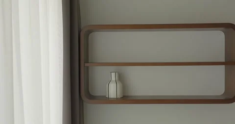 Modern minimalist bedroom interior design with wooden shelf and curtains. Modern Stock Footage 277770716