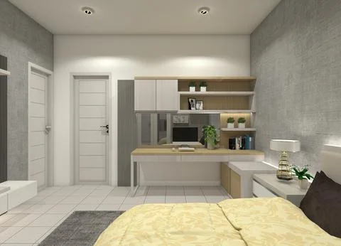 Modern minimalist bedroom interior featuring a workspace. イラスト素材