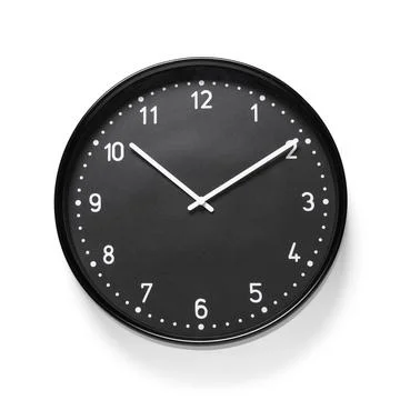 Modern minimalist black wall clock with white numerals and hands, time manage Stock Photos