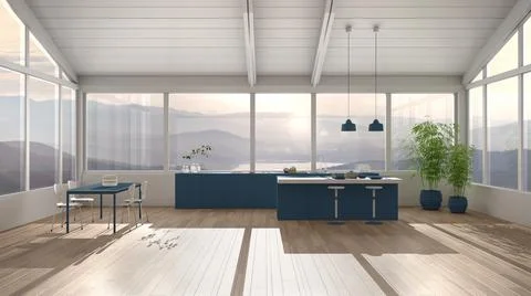 Modern minimalist blue colored kitchen with island and dining table with chai Illustrazione stock