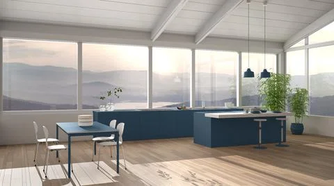 Modern minimalist blue colored kitchen with island and dining table with chai Stock Illustration