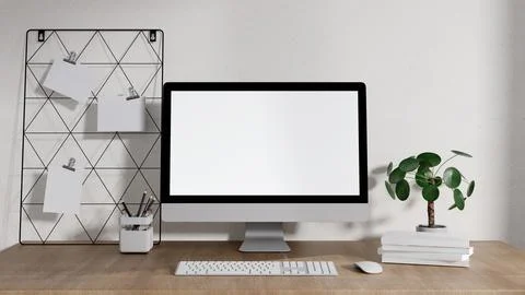 Modern Minimalist Desk in Creative Workspace 3D Render Illustrazione stock