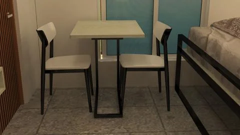 Modern Minimalist Dining Table and Chairs in Compact Bedroom 3D Renderrs Illustration
