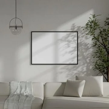 Modern Minimalist Interior 3D Render with Blank Frame on Wall and Cozy White Stock Illustration
