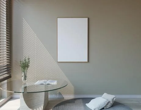 Modern, minimalist interior with blank poster. Sunlight streams in Stock Illustration