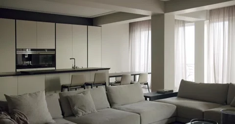 Modern Minimalist Interior Design of a Stylish Open Plan Apartment Stock Footage 344858674