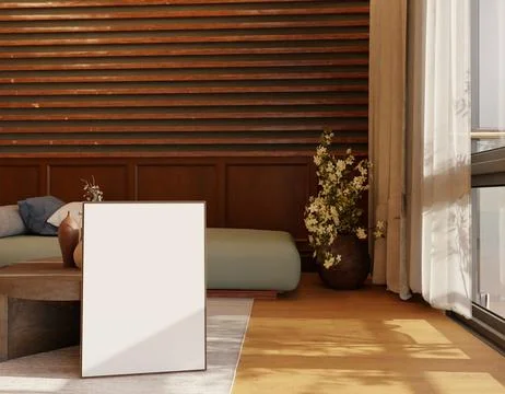 Modern minimalist interior, featuring a blank poster, wooden wall panels, a.. Stock Illustration