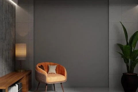 Modern minimalist interior, featuring a muted orange armchair and a dark gr.. Stock Illustration