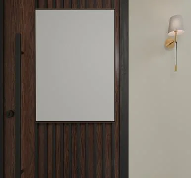 A modern, minimalist interior scene featuring a large blank square canvas m.. Stock Illustration