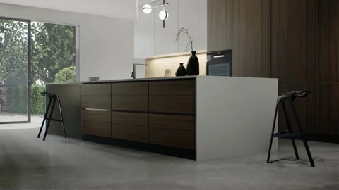 Modern minimalist kitchen. 3d animation of the kitchen. Stock Footage 202582474