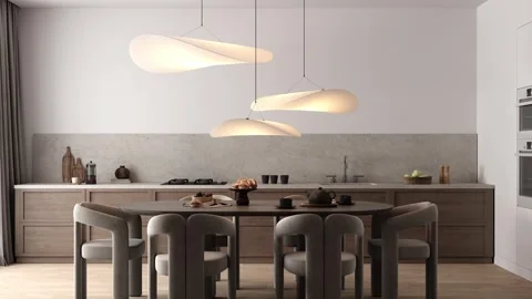Modern minimalist kitchen with elegant lighting and stylish furniture for a Stock Footage 282434118