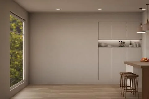 Modern minimalist kitchen empty wall cabinets stools window greenery Illustrazione stock
