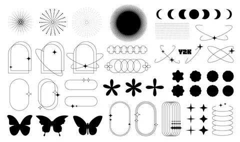 Modern minimalist line frames and elements in trendy retro style set. Y2k Illustrazione stock