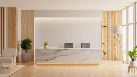 Modern minimalist reception area featuring a marble front desk, wooden slat.. Stock Illustration
