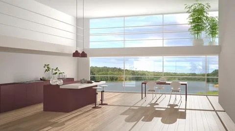 Modern minimalist red colored kitchen with island and dining table with chair Stock Illustration