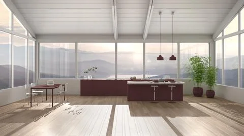 Modern minimalist red colored kitchen with island and dining table with chair Stock Illustration