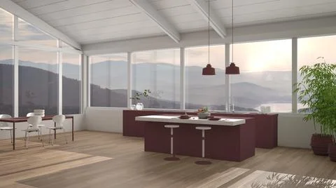 Modern minimalist red colored kitchen with island and dining table with chair Illustrazione stock