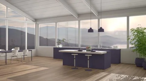 Modern minimalist violet colored kitchen with island and dining table with ch Illustrazione stock