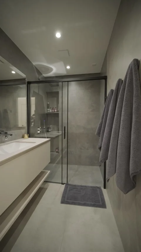 Modern minimalistic bathroom interior design with grey stone tiles Stock Footage 258772187