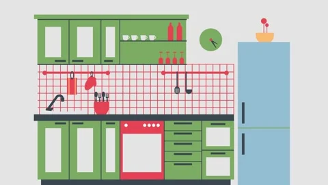 Modern Minimalistic Kitchen Design with Green Cabinets and Red Accents 스톡 동영상 341919991