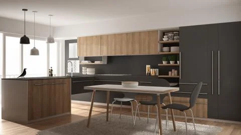 Modern minimalistic wooden kitchen with dining table, carpet and panoramic wi Illustrazione stock