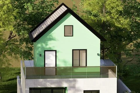 Modern Mint Green Tiny House in Forest - Architectural Rendering 스톡 일러스트