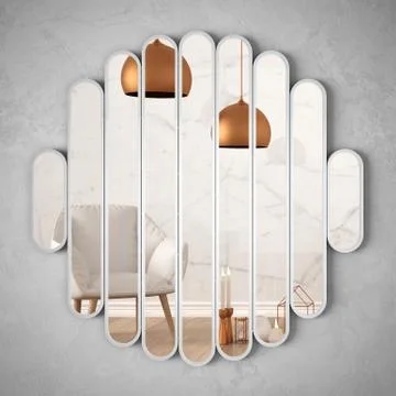 Modern mirror hanging on the wall reflecting interior design scene, bright li Stock Illustration