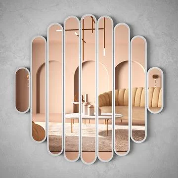 Modern mirror hanging on the wall reflecting interior design scene, classic p Illustrazione stock