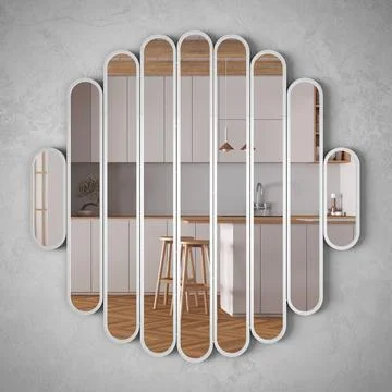 Modern mirror hanging on the wall reflecting interior design scene, minimal.. Stock Illustration