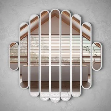 Modern mirror hanging on the wall reflecting interior design scene, minimal.. Stock Illustration