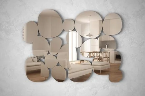 Modern mirror in the shape of pebbles hanging on the wall reflecting interior Stock Illustration