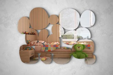 Modern mirror in the shape of pebbles hanging on the wall reflecting interior Stock Illustration