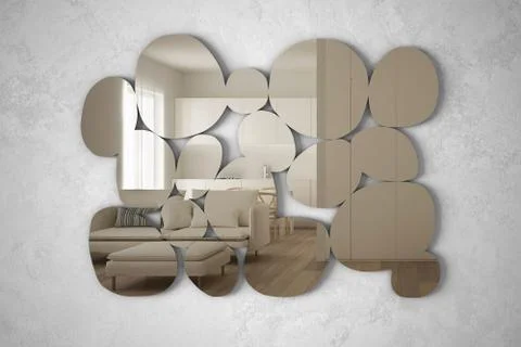 Modern mirror in the shape of pebbles hanging on the wall reflecting interior Stock Illustration
