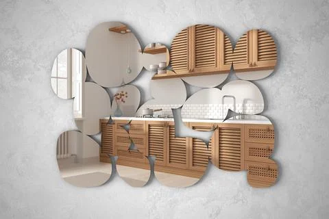 Modern mirror in the shape of pebbles hanging on the wall reflecting interior Illustrazione stock