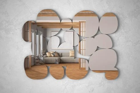 Modern mirror in the shape of pebbles hanging on the wall reflecting interi.. Stock Illustration